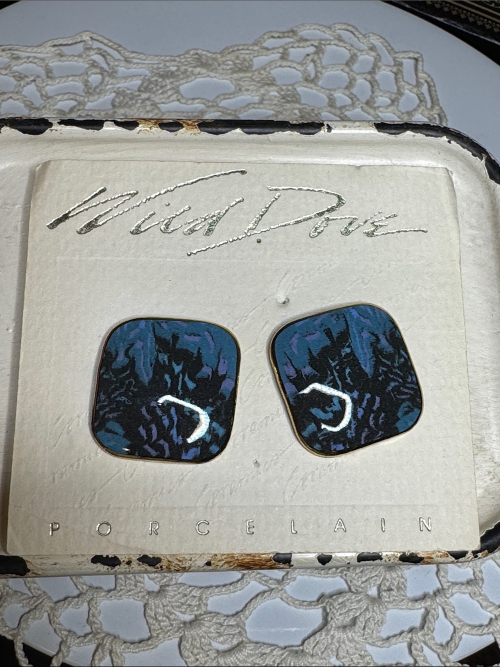 Vintage Wild Dove Porcelain Blue-Black Square Earrings NWT